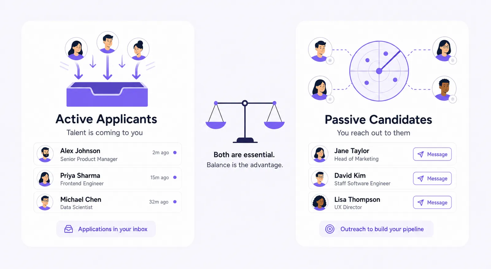 Recruiter comparing active job applicants against passive candidate outreach on a screen