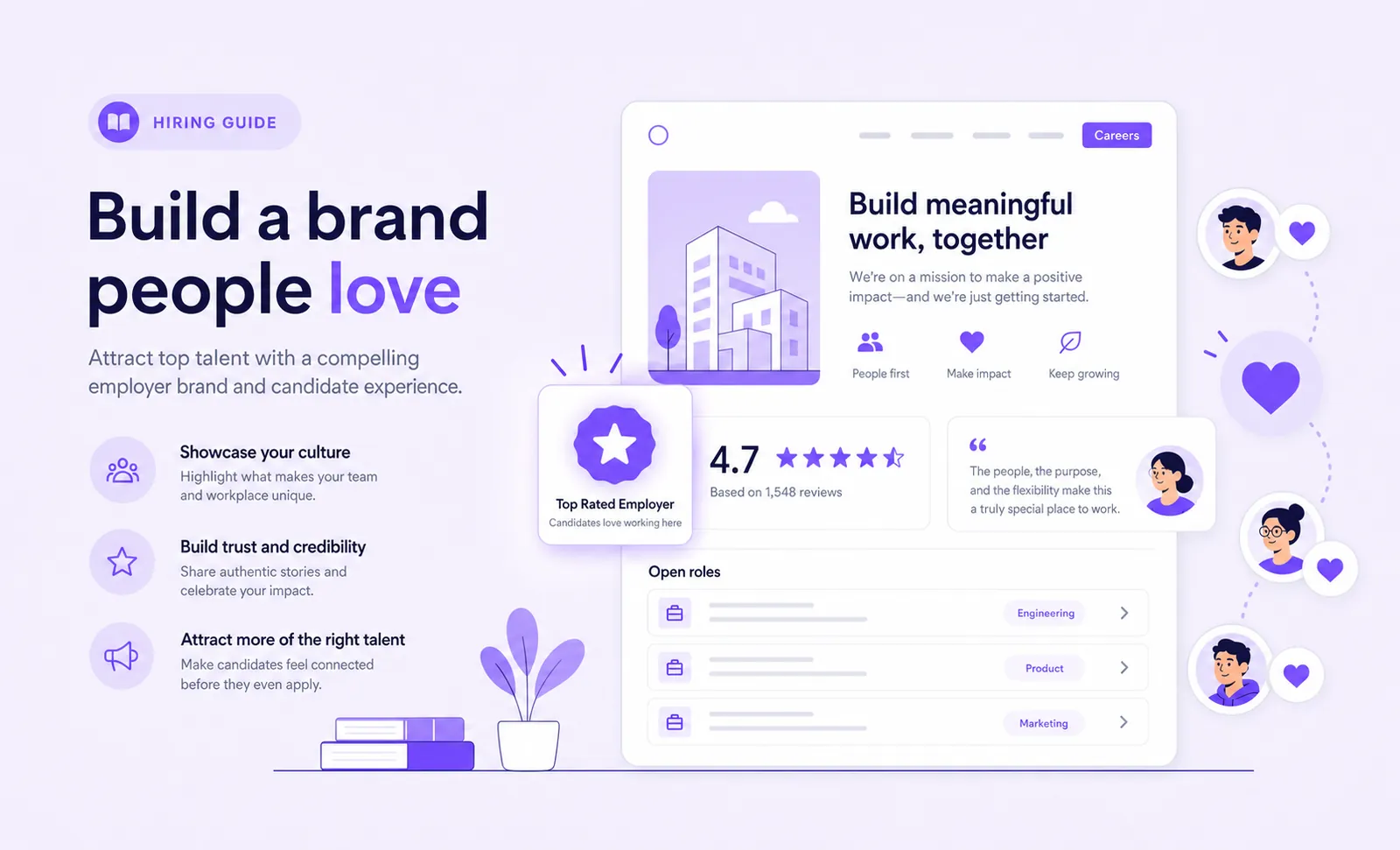 Company careers page redesign showing employer branding elements like pay range and team photos