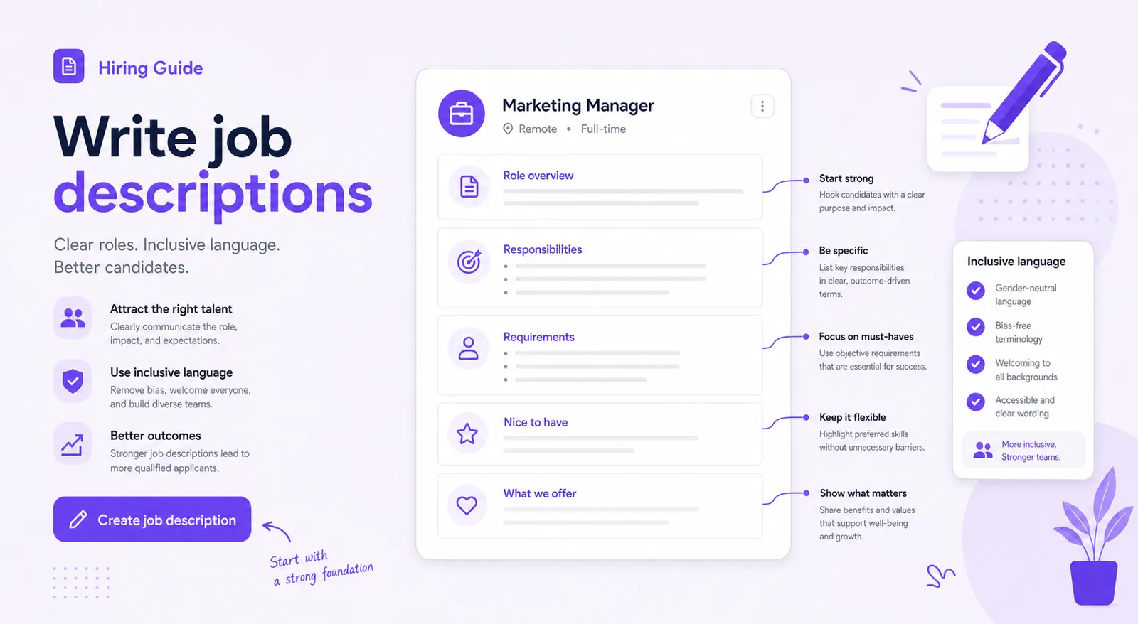 Hiring manager editing a job description document with a requirements checklist beside it
