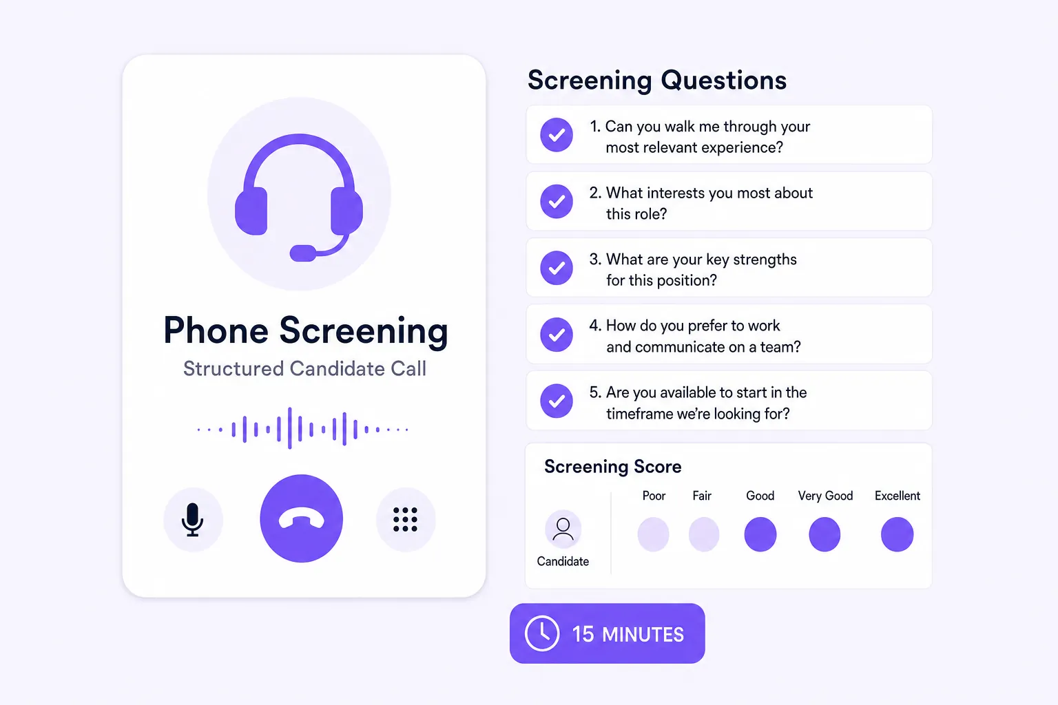 Recruiter running a phone screening call with a scripted question list on a notepad