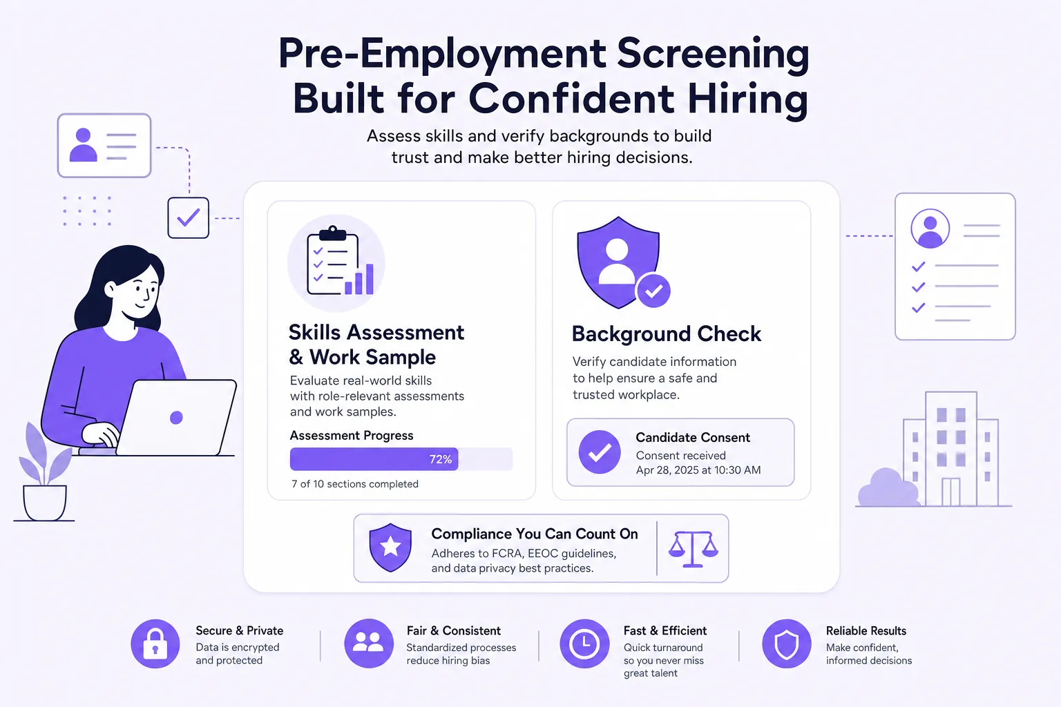 HR manager reviewing pre-employment screening and background check paperwork before a job offer